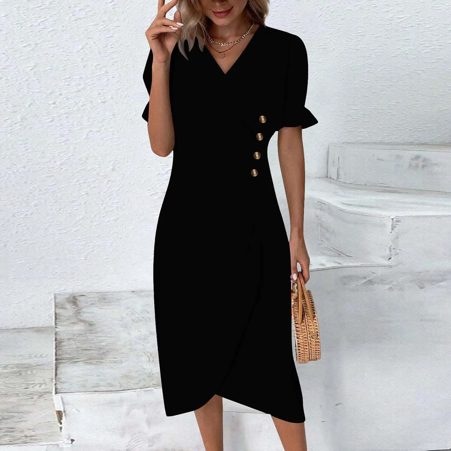 Women's Casual Summer Ruffle Short Sleeve T Shirts Maxi Dress 2025 Spring V Neck Flowy Tiered Boho Beach Dresses