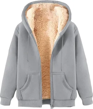 Women's Casual Winter Warm Sherpa Lined Hoodie Zip Up Fleece Sweatshirt Jacket Solid Color Versatile Fit Coats 2PC