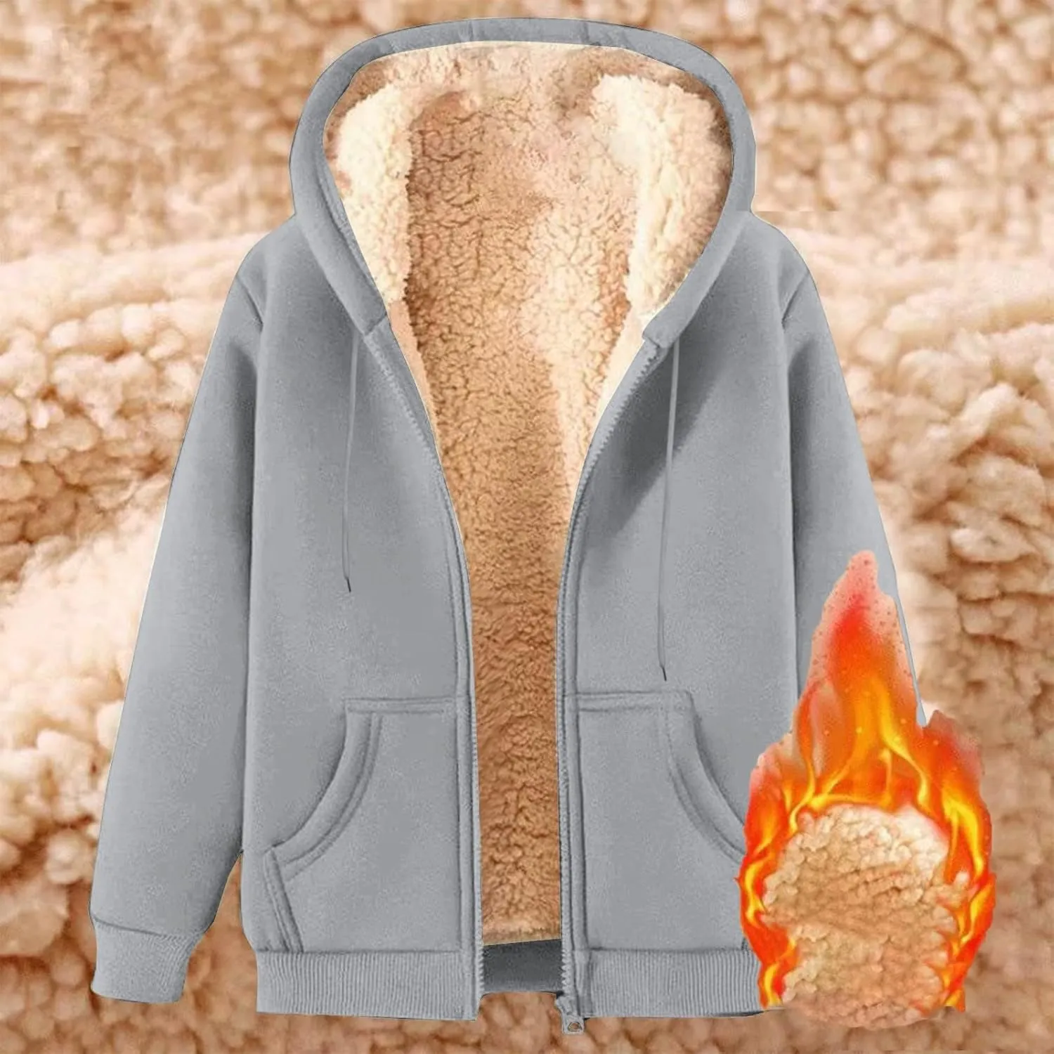 Women's Casual Winter Warm Sherpa Lined Hoodie Zip Up Fleece Sweatshirt Jacket Solid Color Versatile Fit Coats 2PC
