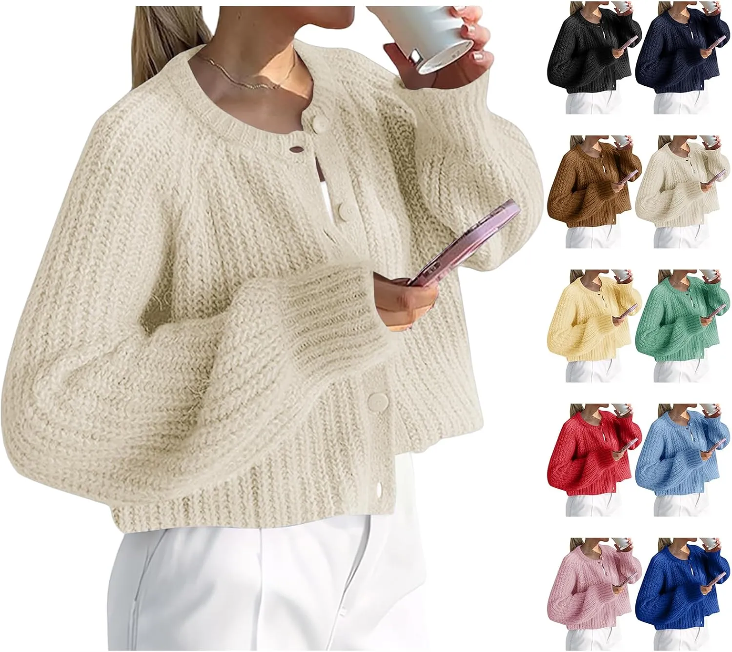 Womens Chunky Knit Cropped Cardigan Botton Down Sweater Casual Open Front Coat Outerwear Jacket Winter