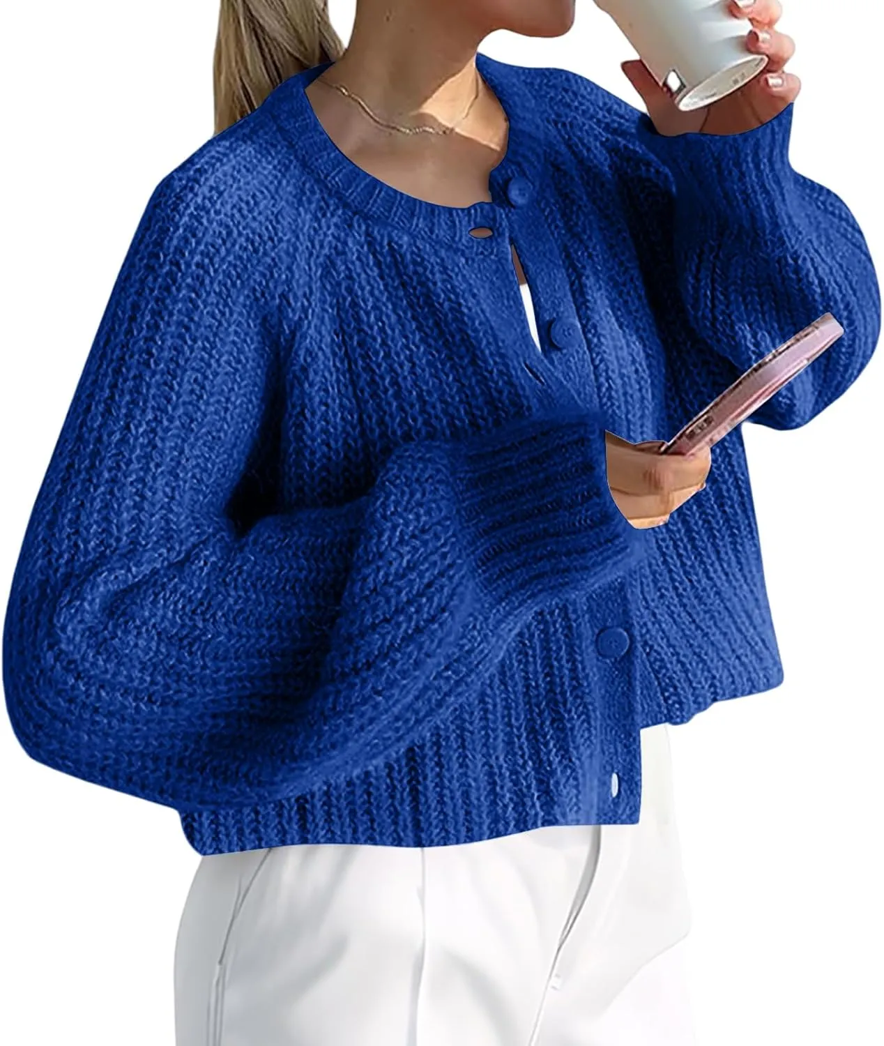 Womens Chunky Knit Cropped Cardigan Botton Down Sweater Casual Open Front Coat Outerwear Jacket Winter