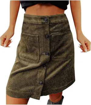 Women's Corduroy Midi Skirts High Waist Button Front A-Line Skirt Solid Slim Fit Knee Length Vintage