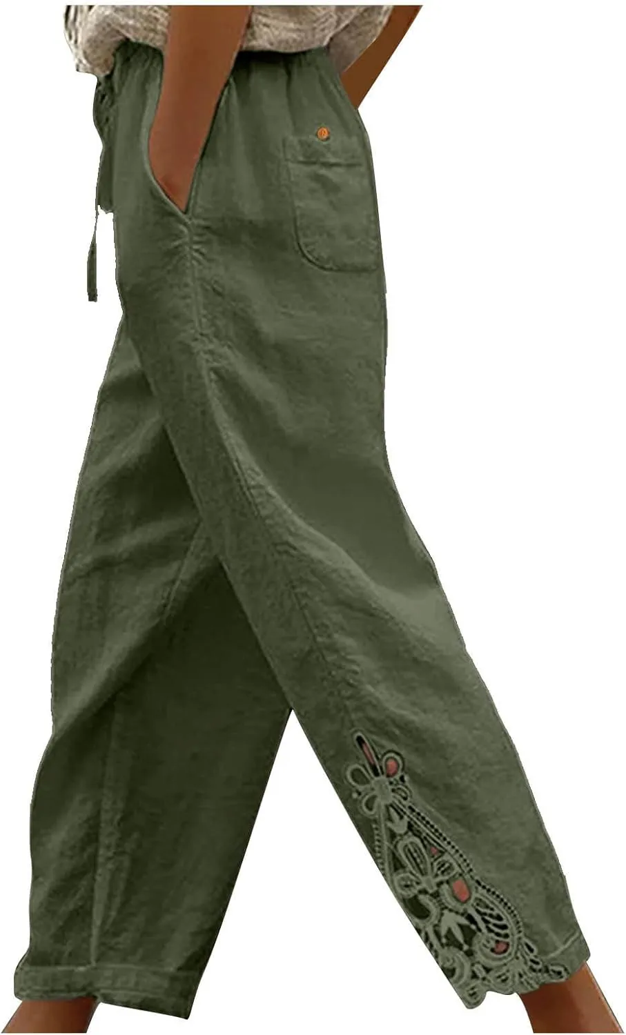Womens Cotton Linen Casual Pockets Cropped Pants Straight Leg Drawstring Elastic High Waist Lace Patchwork Bottom Pants