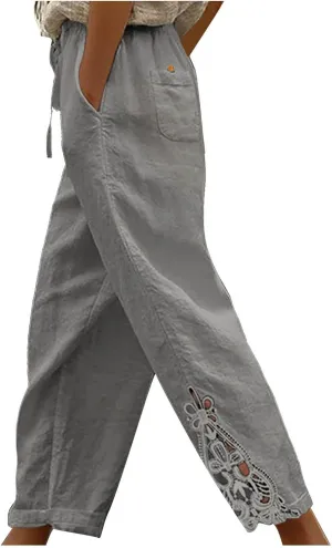 Womens Cotton Linen Casual Pockets Cropped Pants Straight Leg Drawstring Elastic High Waist Lace Patchwork Bottom Pants