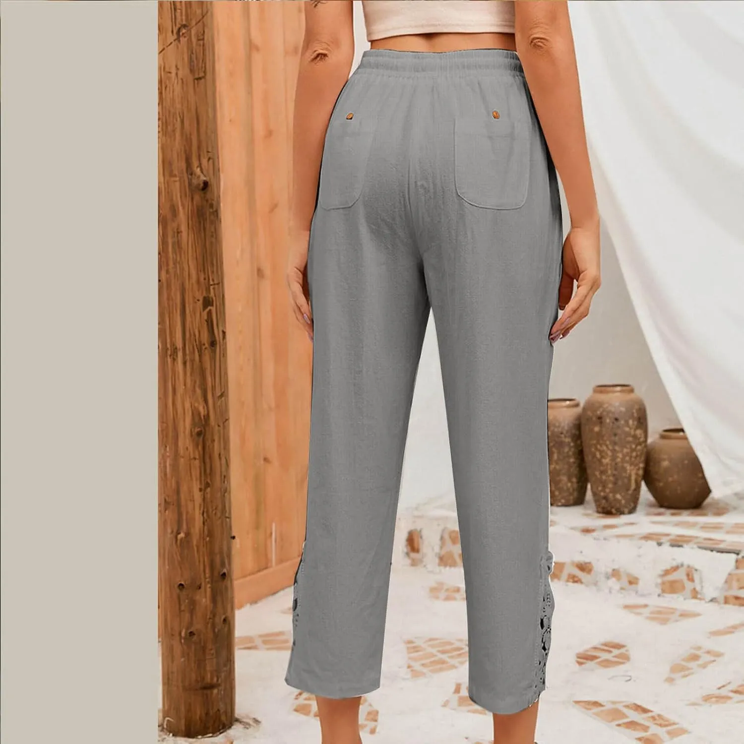 Womens Cotton Linen Casual Pockets Cropped Pants Straight Leg Drawstring Elastic High Waist Lace Patchwork Bottom Pants
