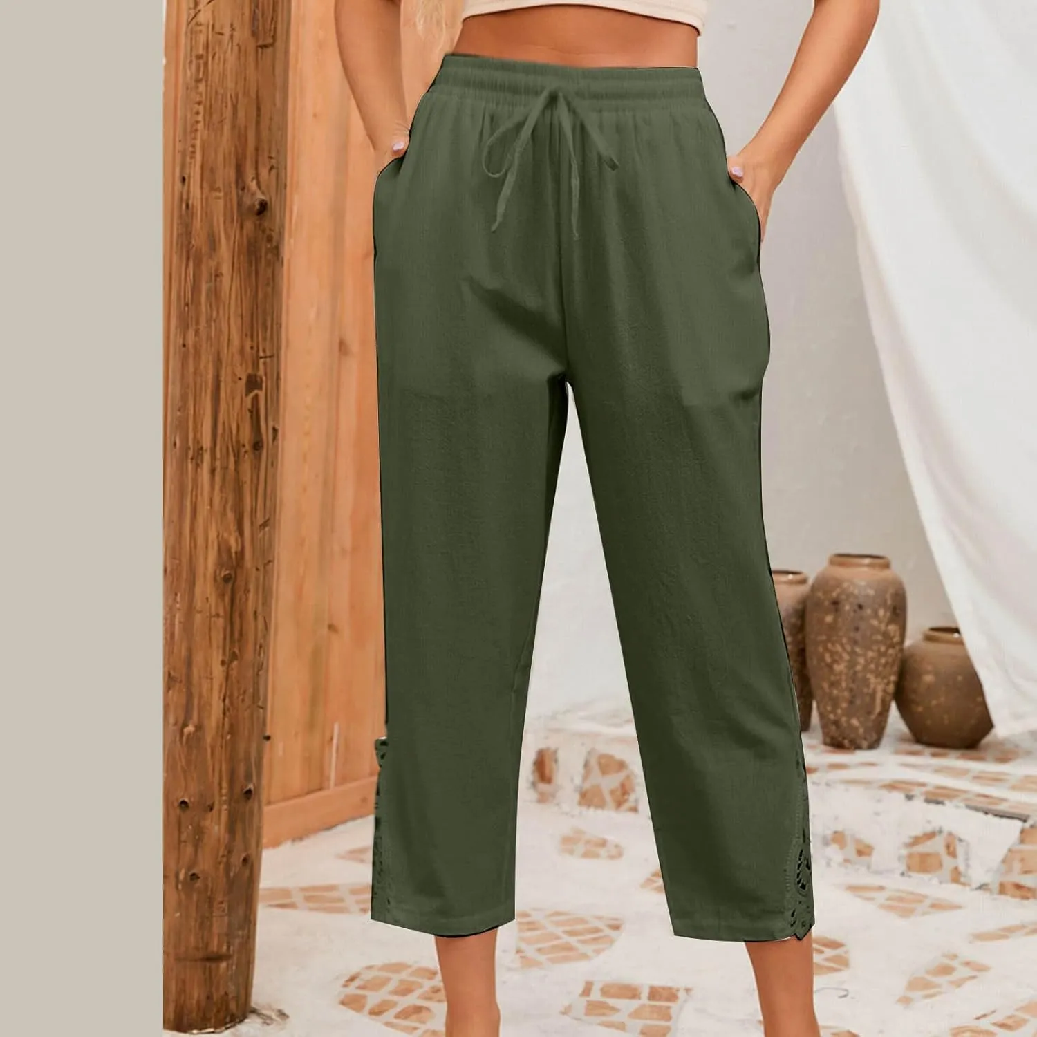 Womens Cotton Linen Casual Pockets Cropped Pants Straight Leg Drawstring Elastic High Waist Lace Patchwork Bottom Pants