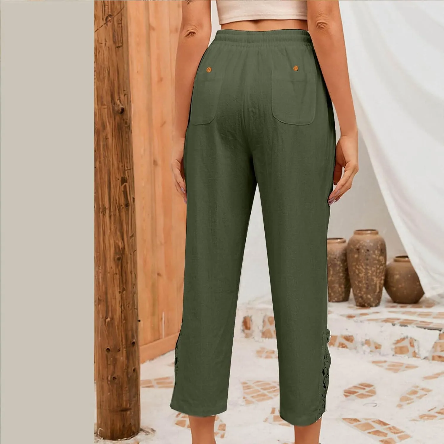 Womens Cotton Linen Casual Pockets Cropped Pants Straight Leg Drawstring Elastic High Waist Lace Patchwork Bottom Pants