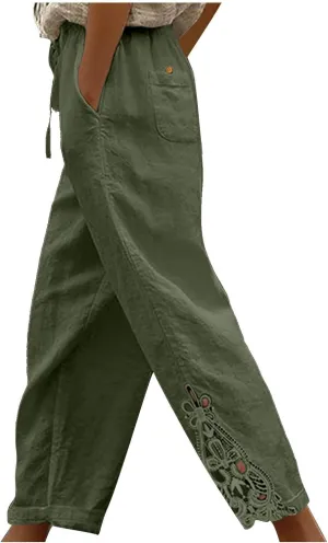 Womens Cotton Linen Casual Pockets Cropped Pants Straight Leg Drawstring Elastic High Waist Lace Patchwork Bottom Pants