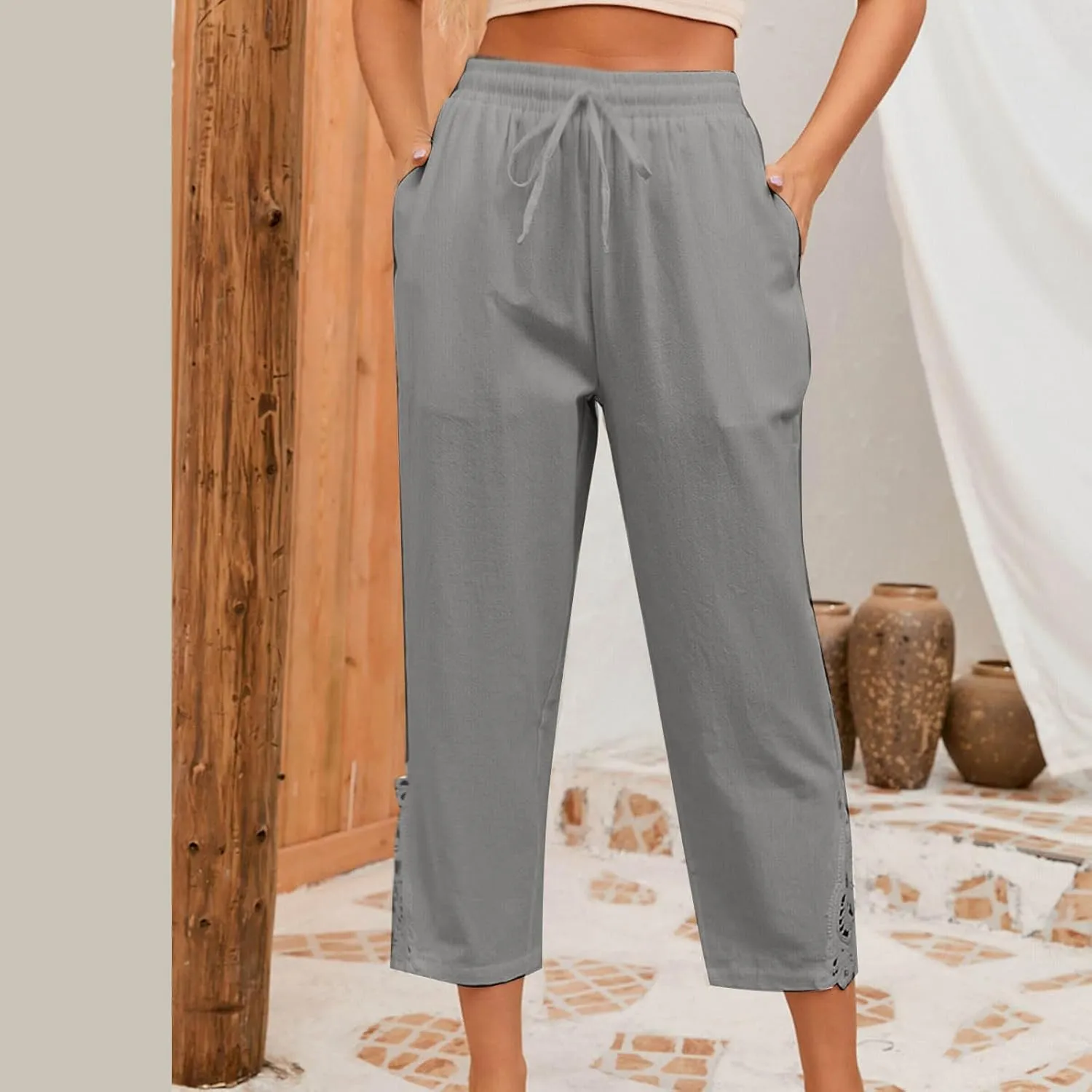Womens Cotton Linen Casual Pockets Cropped Pants Straight Leg Drawstring Elastic High Waist Lace Patchwork Bottom Pants