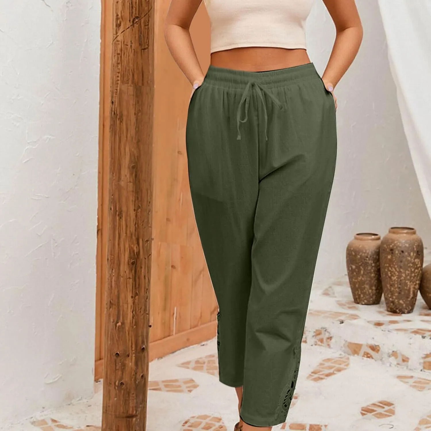 Womens Cotton Linen Casual Pockets Cropped Pants Straight Leg Drawstring Elastic High Waist Lace Patchwork Bottom Pants