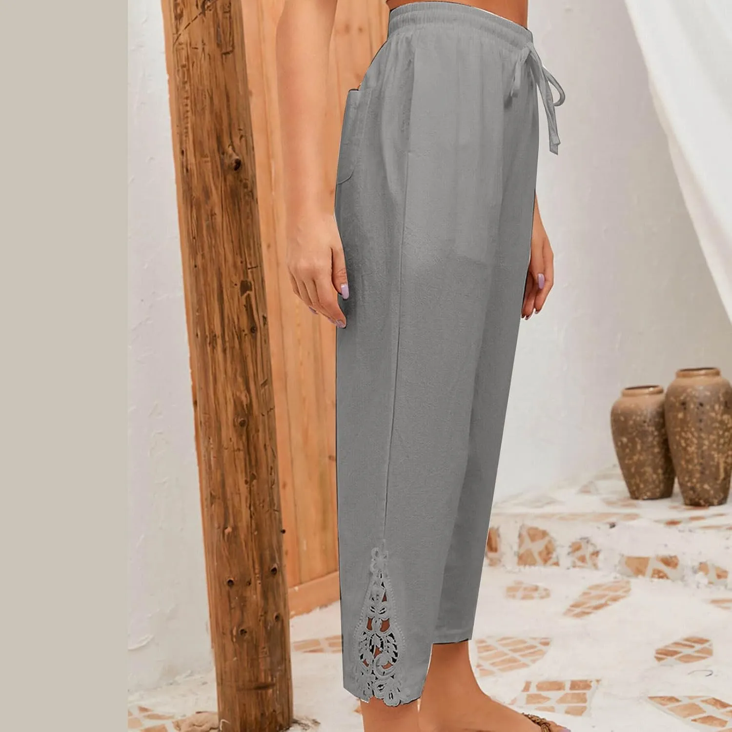 Womens Cotton Linen Casual Pockets Cropped Pants Straight Leg Drawstring Elastic High Waist Lace Patchwork Bottom Pants