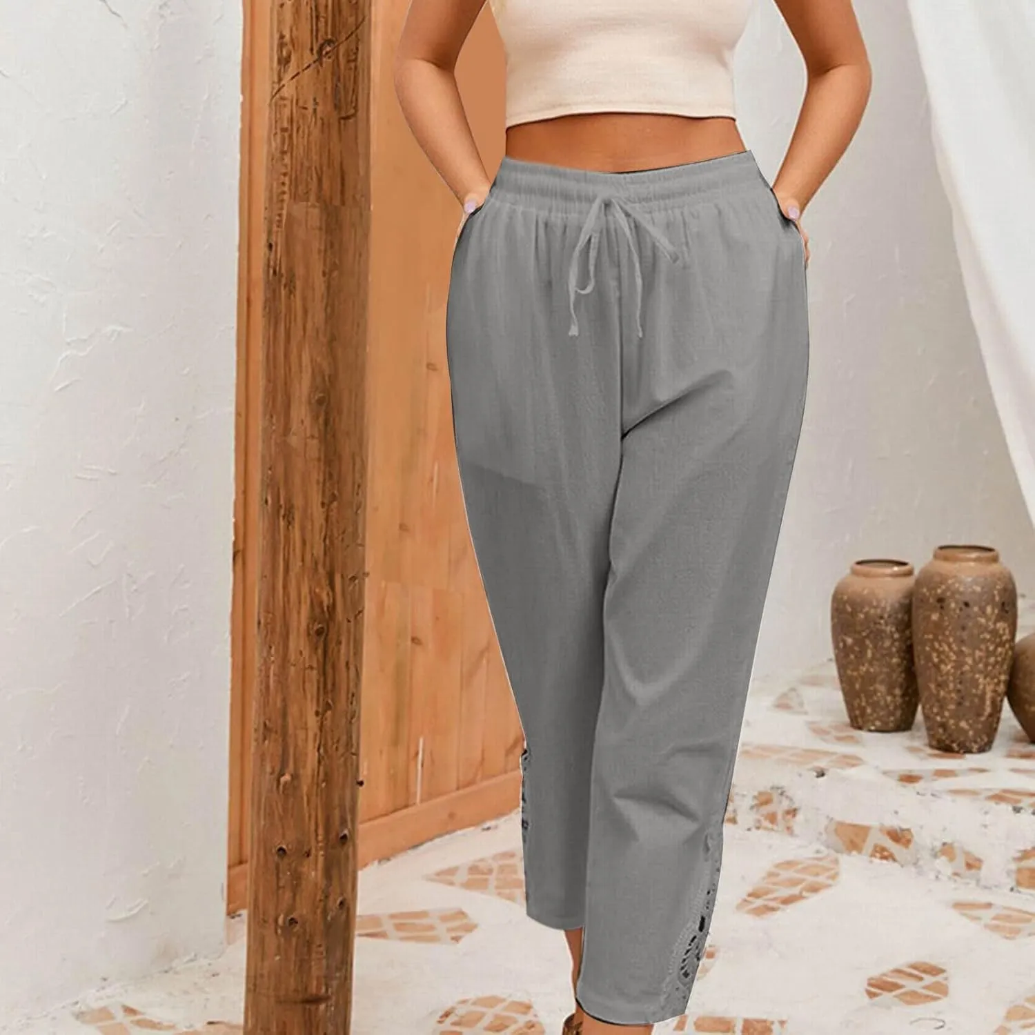 Womens Cotton Linen Casual Pockets Cropped Pants Straight Leg Drawstring Elastic High Waist Lace Patchwork Bottom Pants