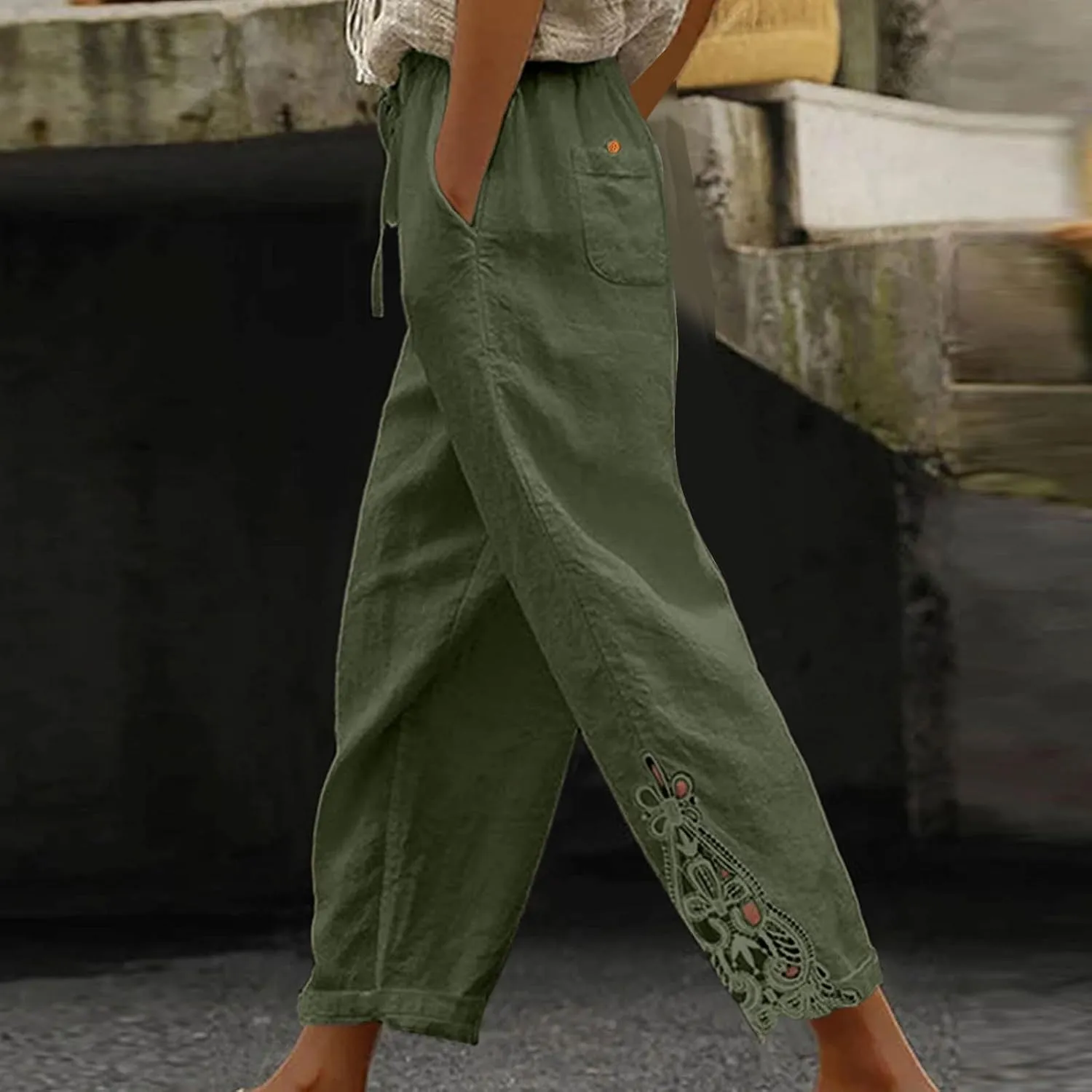 Womens Cotton Linen Casual Pockets Cropped Pants Straight Leg Drawstring Elastic High Waist Lace Patchwork Bottom Pants