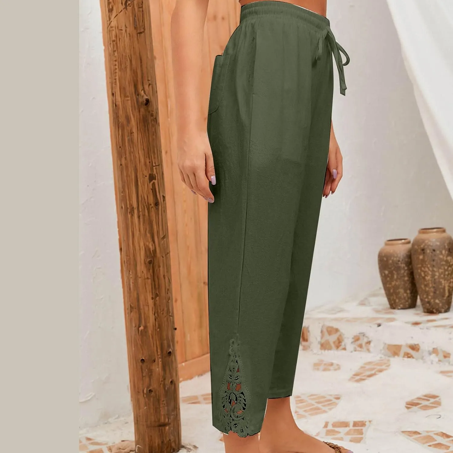 Womens Cotton Linen Casual Pockets Cropped Pants Straight Leg Drawstring Elastic High Waist Lace Patchwork Bottom Pants