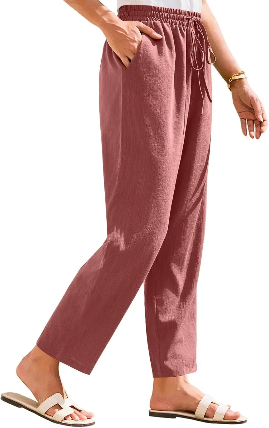 Womens Cotton Linen Elastic Drawstring Straight Leg Pants 2025 Summer Casual Trousers with Pockets Plain Beach Lounge Clothes