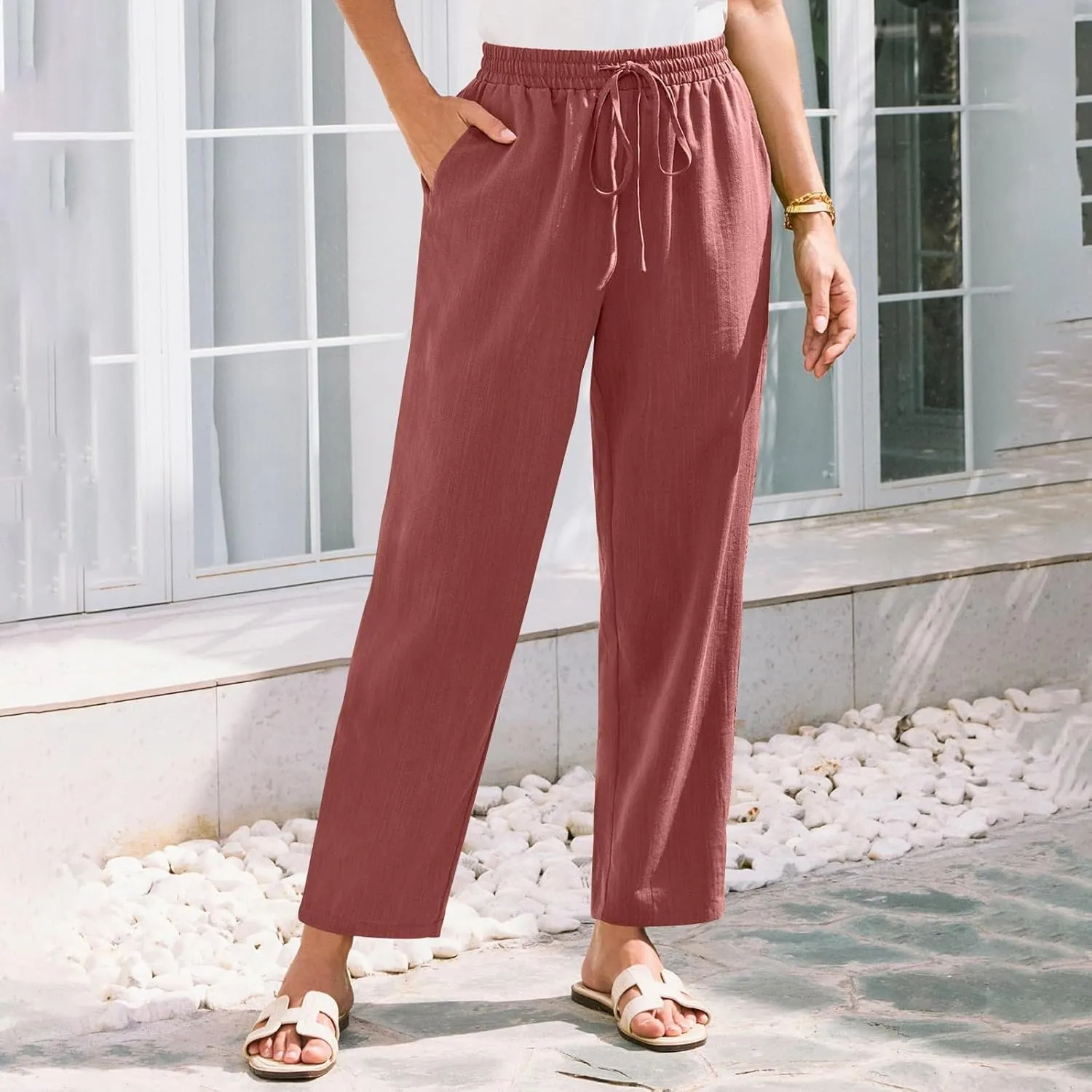 Womens Cotton Linen Elastic Drawstring Straight Leg Pants 2025 Summer Casual Trousers with Pockets Plain Beach Lounge Clothes