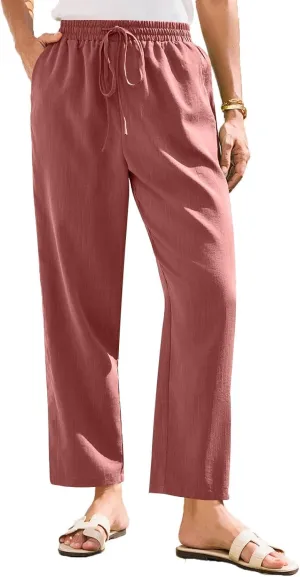 Womens Cotton Linen Elastic Drawstring Straight Leg Pants 2025 Summer Casual Trousers with Pockets Plain Beach Lounge Clothes