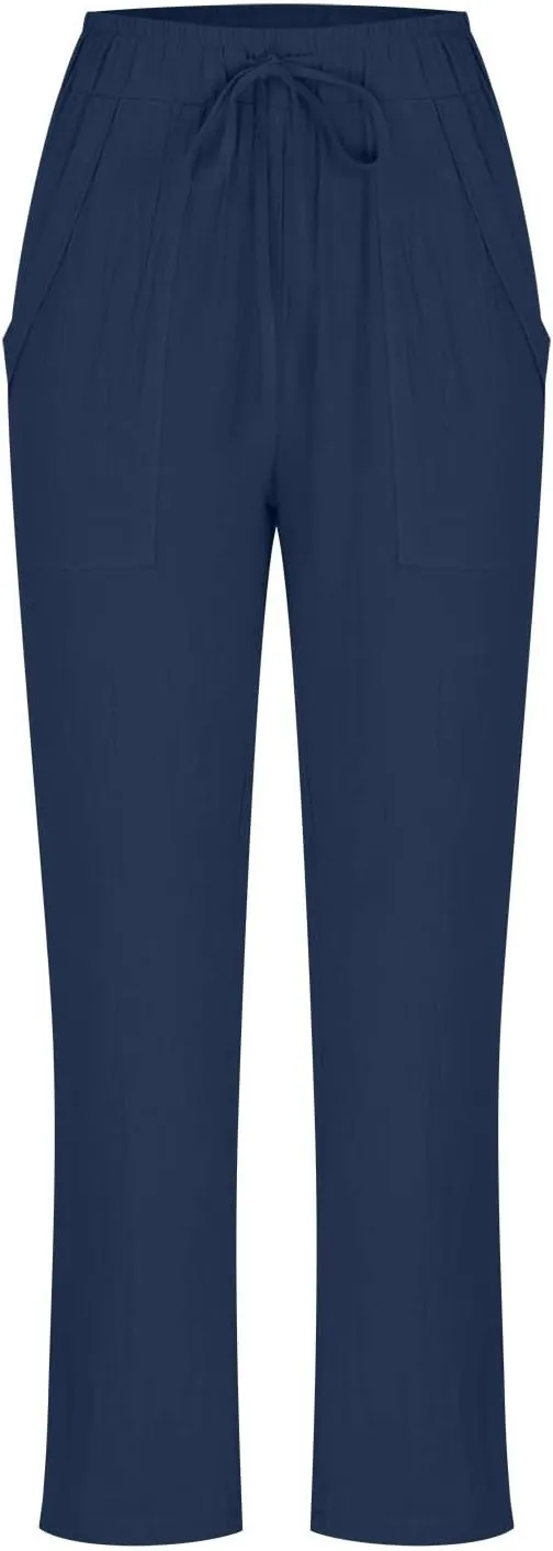Womens Cotton Linen Pants Plus Size Loose Casual Pocket Straight Leg Pants Summer Comfy Breathable Trousers