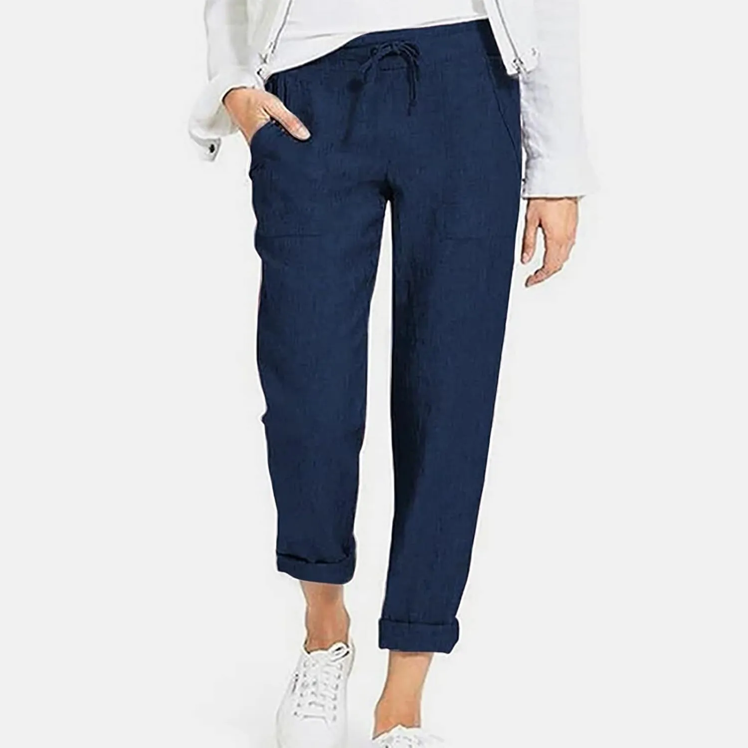 Womens Cotton Linen Pants Plus Size Loose Casual Pocket Straight Leg Pants Summer Comfy Breathable Trousers