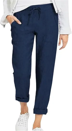 Womens Cotton Linen Pants Plus Size Loose Casual Pocket Straight Leg Pants Summer Comfy Breathable Trousers