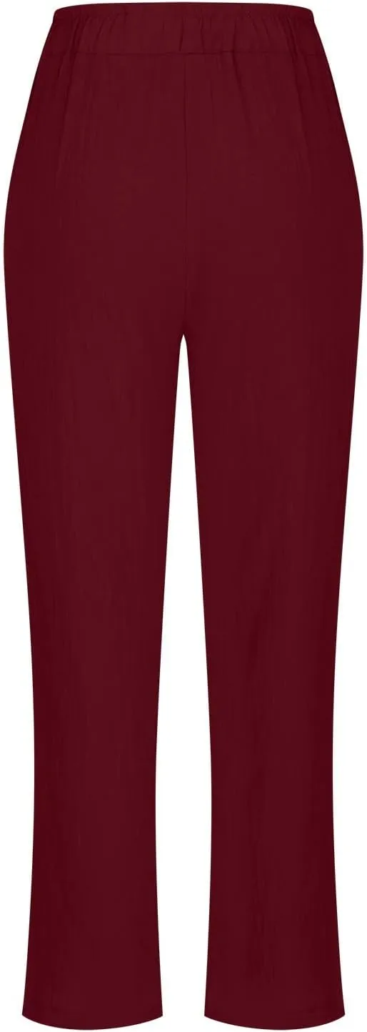 Womens Cotton Linen Pants Plus Size Loose Casual Pocket Straight Leg Pants Summer Comfy Breathable Trousers