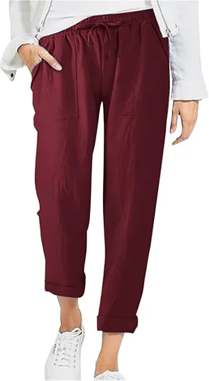 Womens Cotton Linen Pants Plus Size Loose Casual Pocket Straight Leg Pants Summer Comfy Breathable Trousers