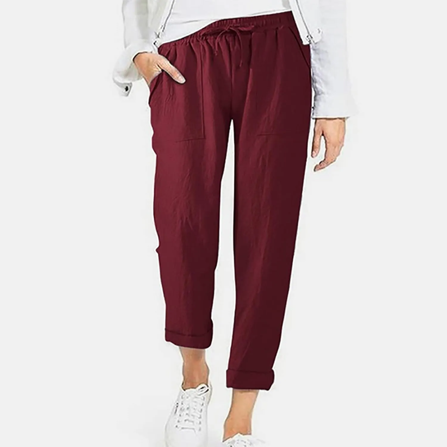 Womens Cotton Linen Pants Plus Size Loose Casual Pocket Straight Leg Pants Summer Comfy Breathable Trousers