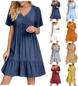 Women's Cotton Linen Short Sleeve Casual V Neck Mini Dress A Line Loose Pleated Flowy Dresses Beach Vacation Outfits