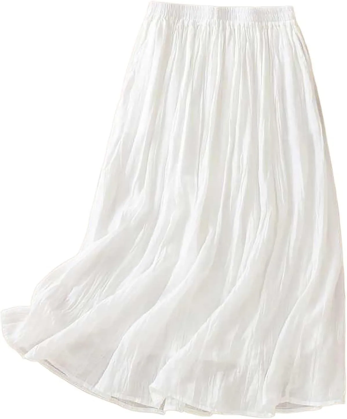 Womens Cotton Linen Skirts Solid Color Casual Pleated Flowy Skirt Lightweight Elastic Waist A-Line Swing Midi Skirts