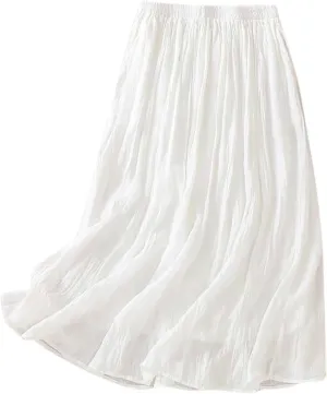 Womens Cotton Linen Skirts Solid Color Casual Pleated Flowy Skirt Lightweight Elastic Waist A-Line Swing Midi Skirts