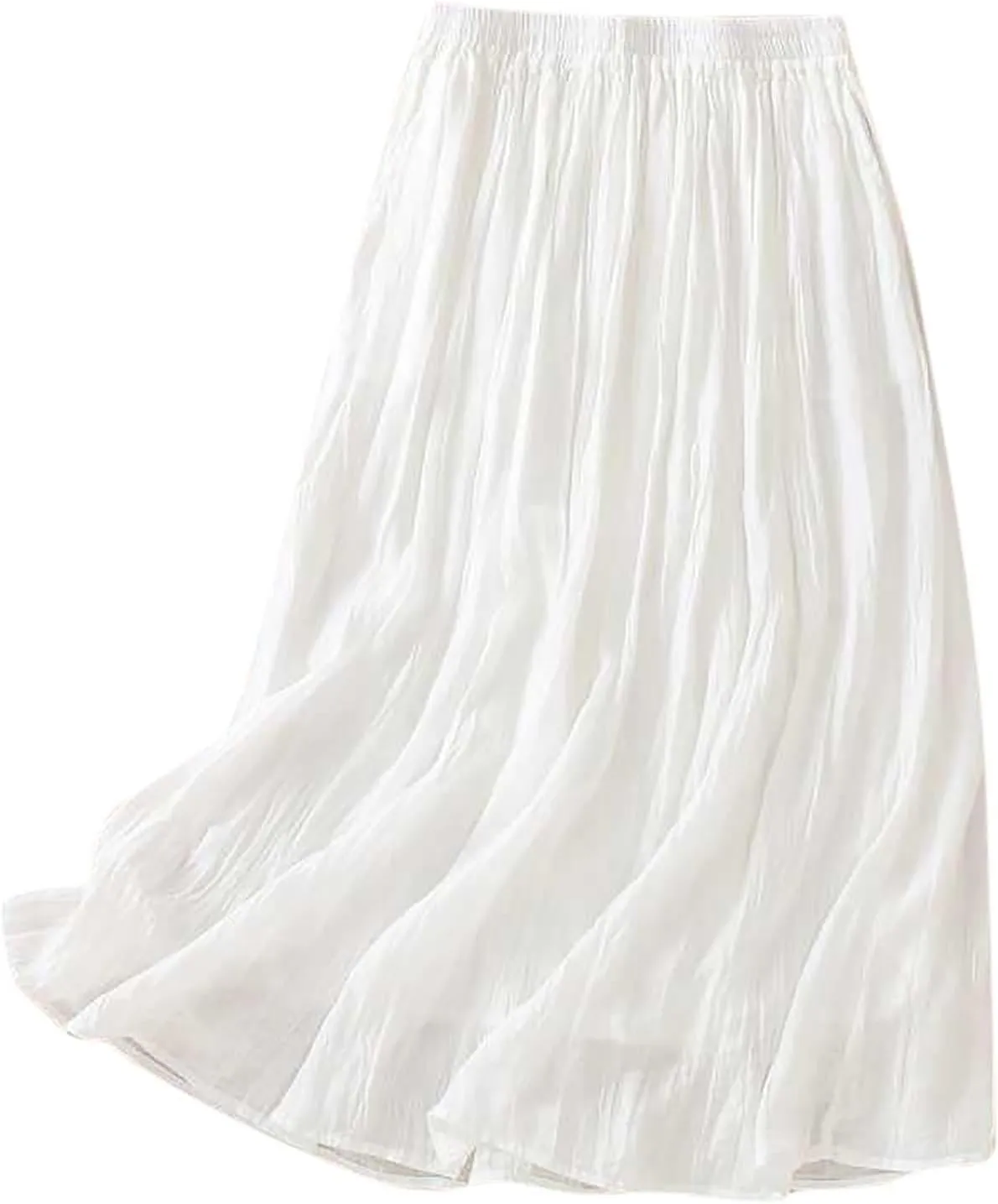 Womens Cotton Linen Skirts Solid Color Casual Pleated Flowy Skirt Lightweight Elastic Waist A-Line Swing Midi Skirts