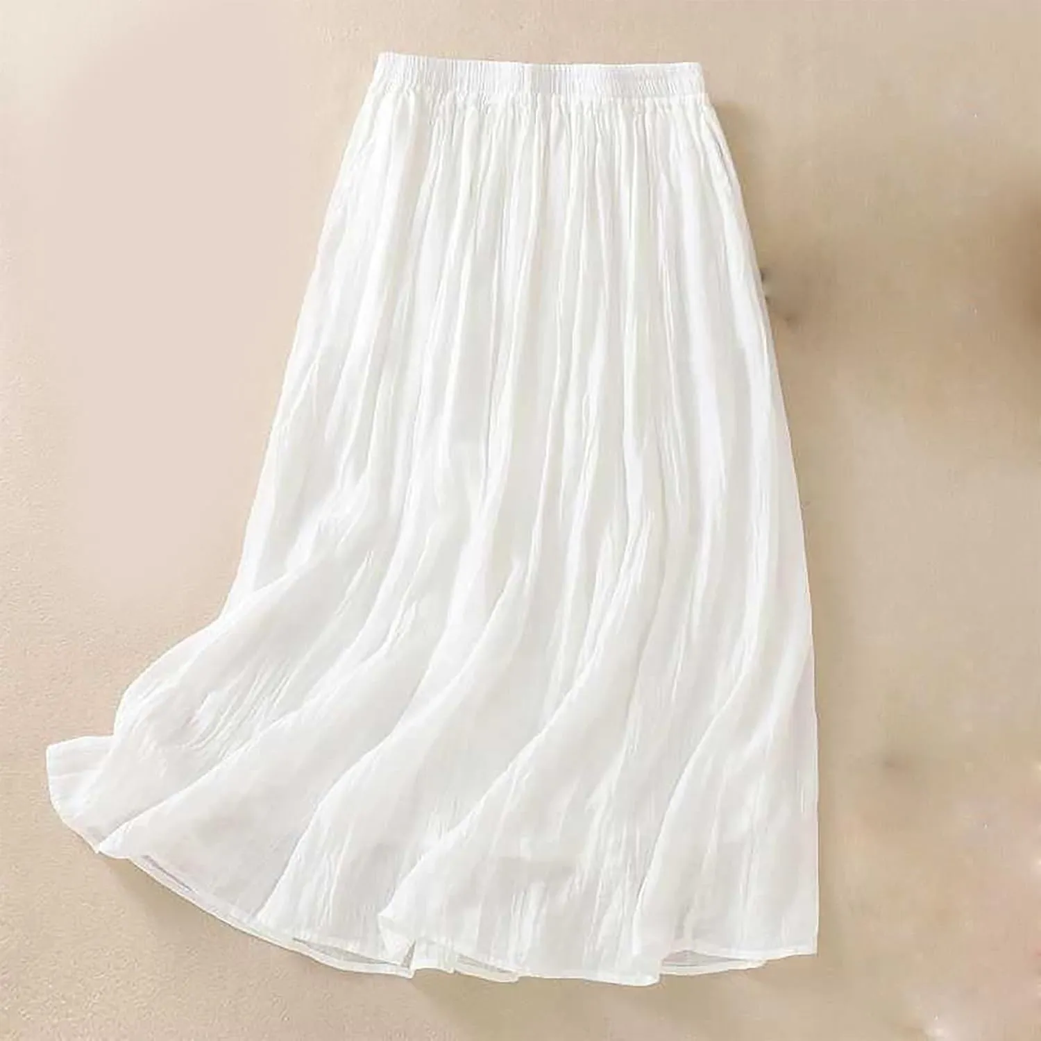 Womens Cotton Linen Skirts Solid Color Casual Pleated Flowy Skirt Lightweight Elastic Waist A-Line Swing Midi Skirts