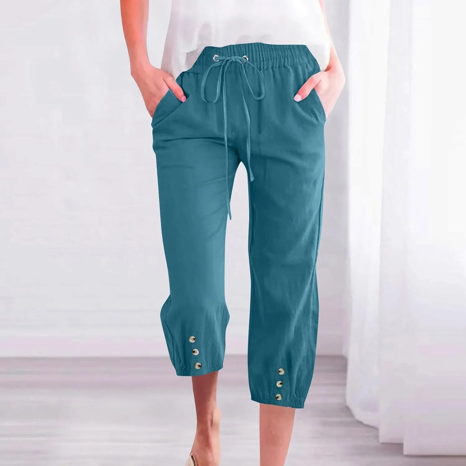 Women's Cotton Linen Straight Leg Pants Elastic Drawstring Casual Trousers with Pockets Summer Beach Lounge Pants