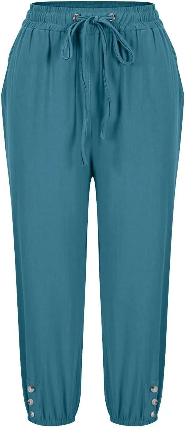 Women's Cotton Linen Straight Leg Pants Elastic Drawstring Casual Trousers with Pockets Summer Beach Lounge Pants