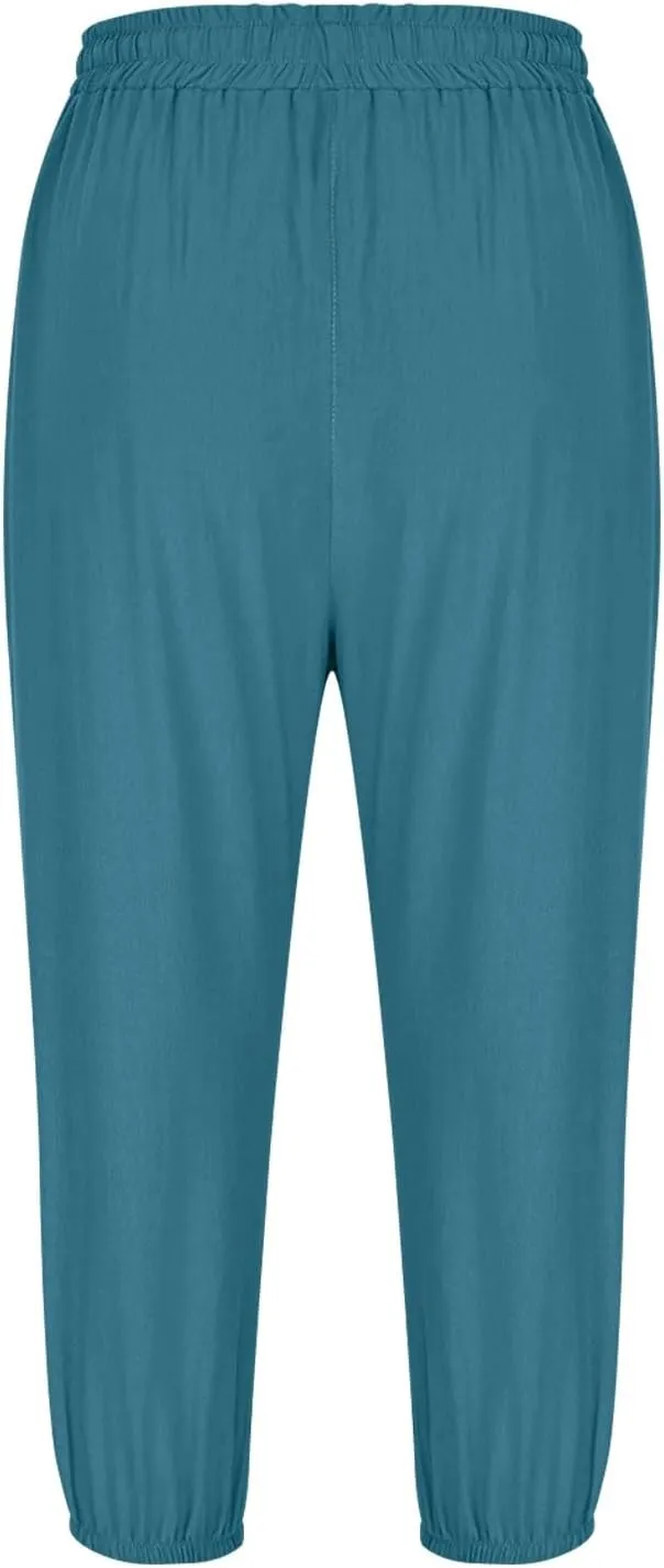 Women's Cotton Linen Straight Leg Pants Elastic Drawstring Casual Trousers with Pockets Summer Beach Lounge Pants