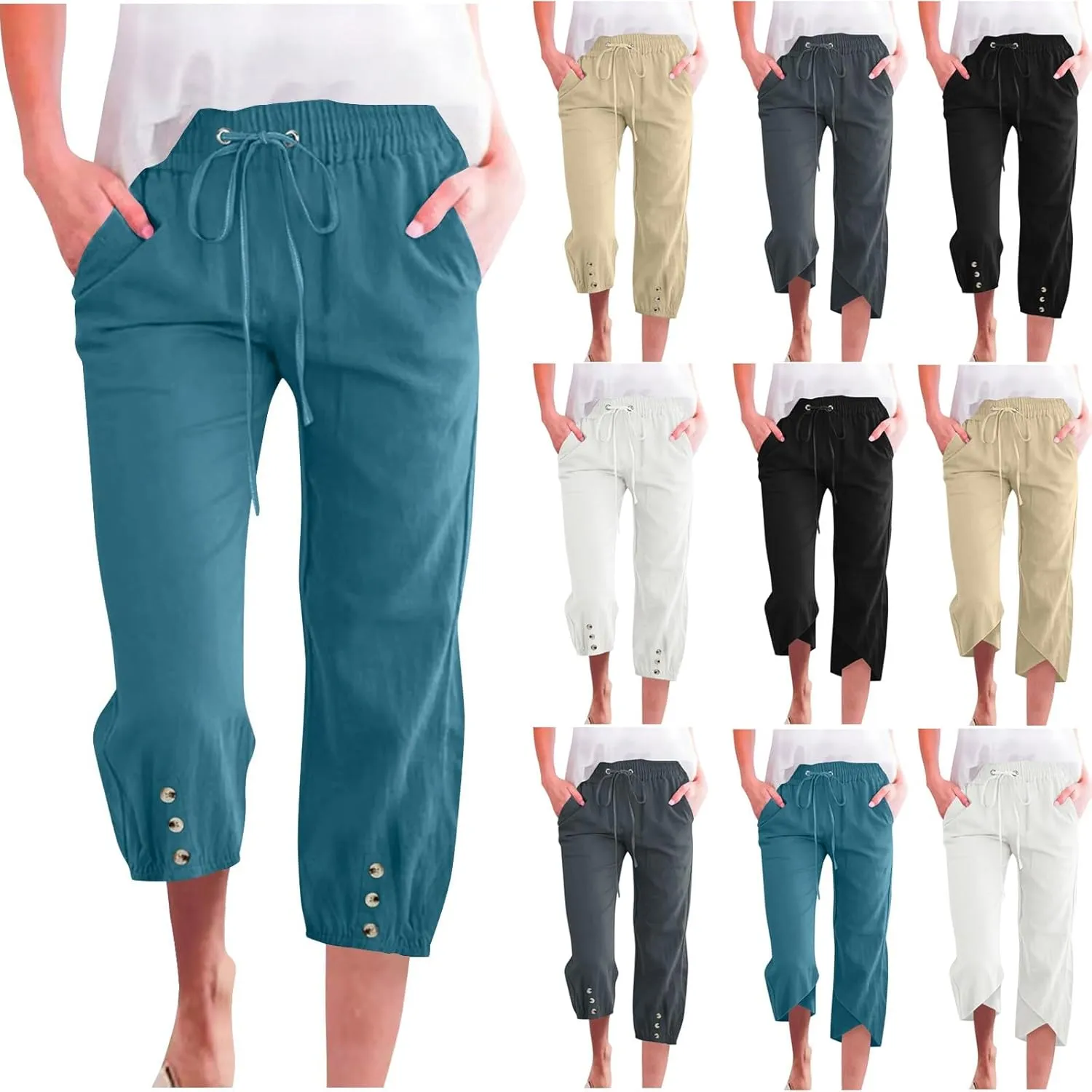 Women's Cotton Linen Straight Leg Pants Elastic Drawstring Casual Trousers with Pockets Summer Beach Lounge Pants