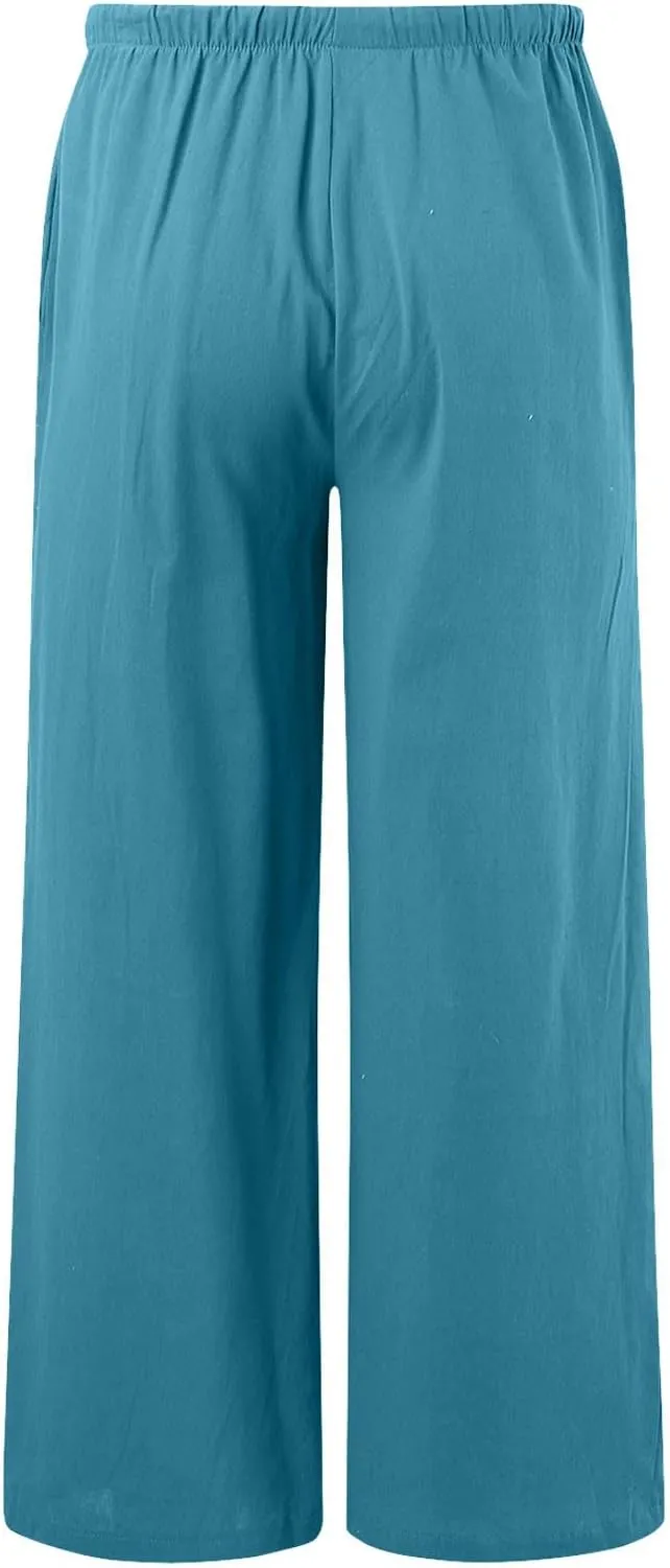 Women's Cotton Linen Summer Palazzo Pants Flowy Wide Leg Linen Pants Vacation Beach Trousers with Pockets