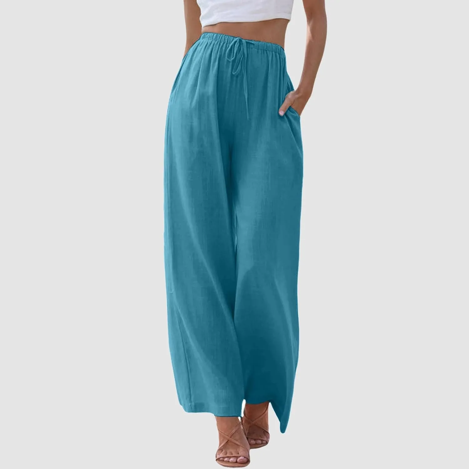 Women's Cotton Linen Summer Palazzo Pants Flowy Wide Leg Linen Pants Vacation Beach Trousers with Pockets