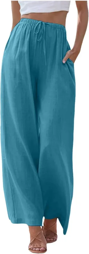 Women's Cotton Linen Summer Palazzo Pants Flowy Wide Leg Linen Pants Vacation Beach Trousers with Pockets