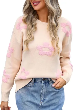Women's Crewneck Sweater Pullover Soft Oversized Boho Floral Print Long Sleeve Knitted Jumper Tops Fall Fashion 2024