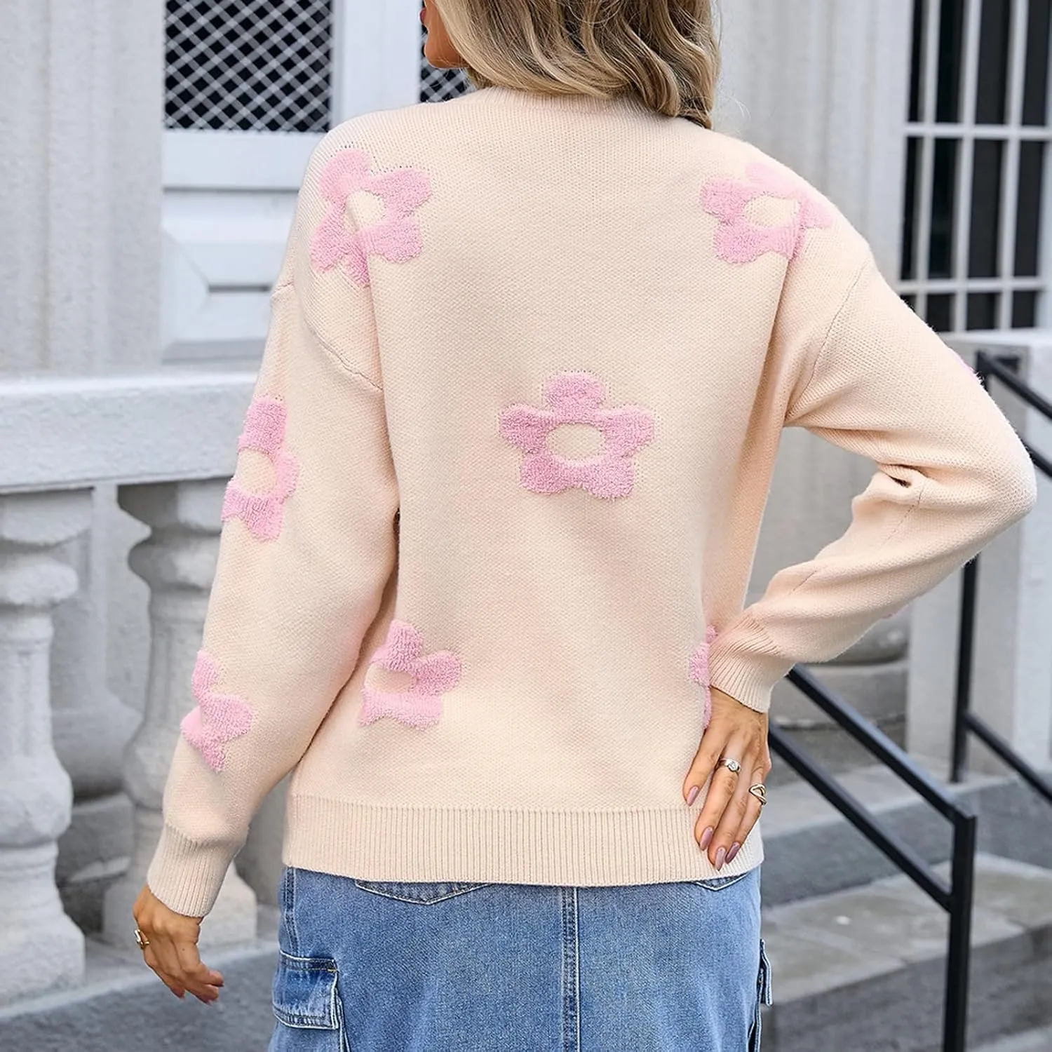 Women's Crewneck Sweater Pullover Soft Oversized Boho Floral Print Long Sleeve Knitted Jumper Tops Fall Fashion 2024