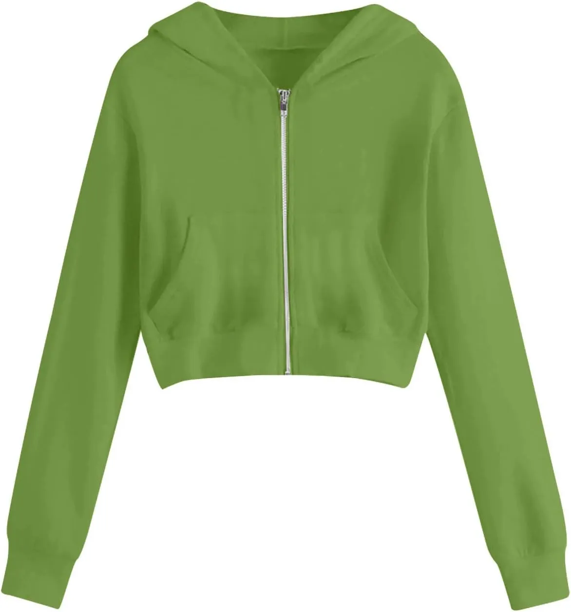 Women's Cropped Full Zipper Hoodie Casual Fleece Sweatshirts Jackets Solid Loose Fit Long Sleeve Y2K Short Outwear