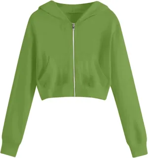 Women's Cropped Full Zipper Hoodie Casual Fleece Sweatshirts Jackets Solid Loose Fit Long Sleeve Y2K Short Outwear