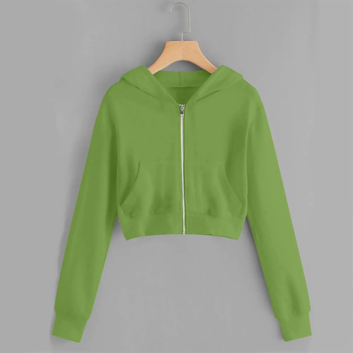 Women's Cropped Full Zipper Hoodie Casual Fleece Sweatshirts Jackets Solid Loose Fit Long Sleeve Y2K Short Outwear