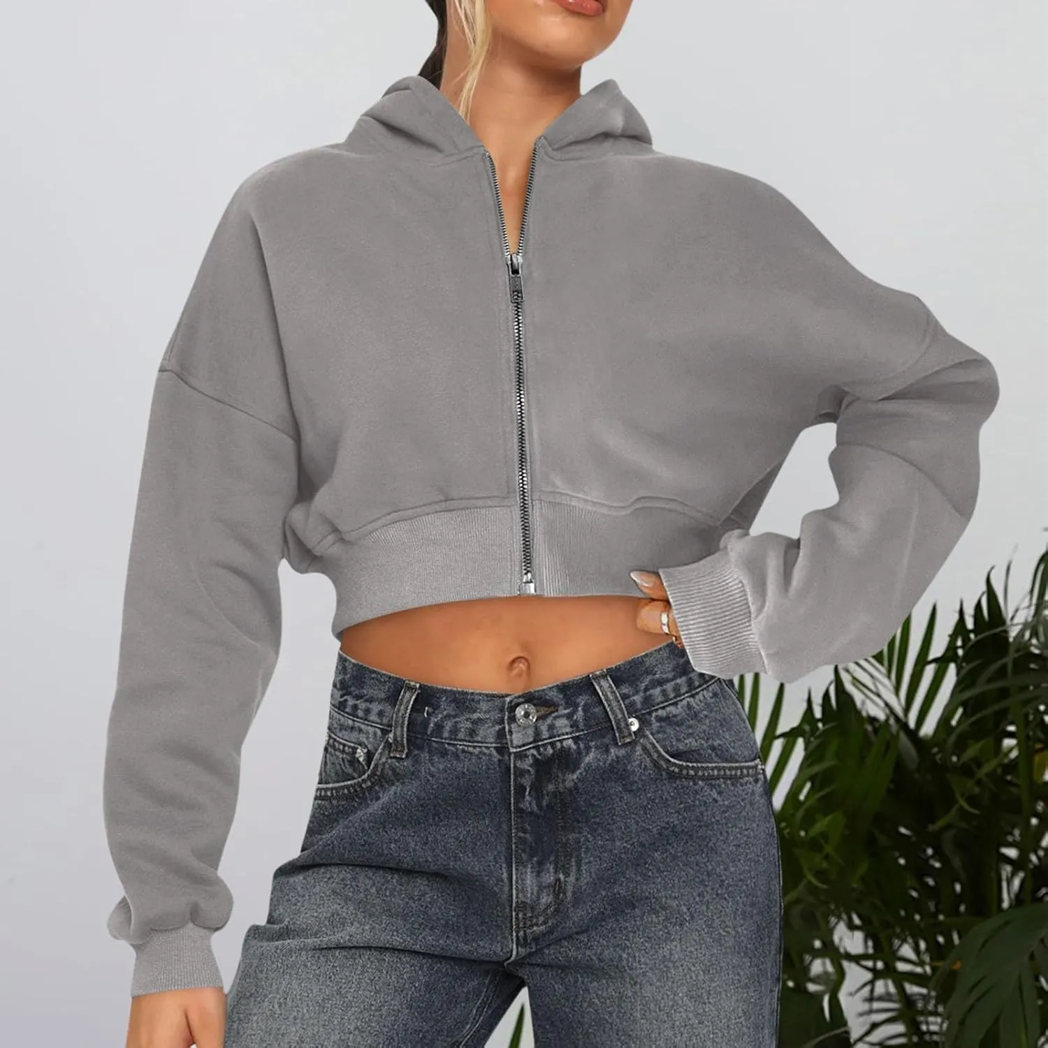 Women's Cropped Zip Up Hoodie Casual Long Sleeve Workout Hooded Sweatshirts Fleece Lined Jacket Coat with Pocket