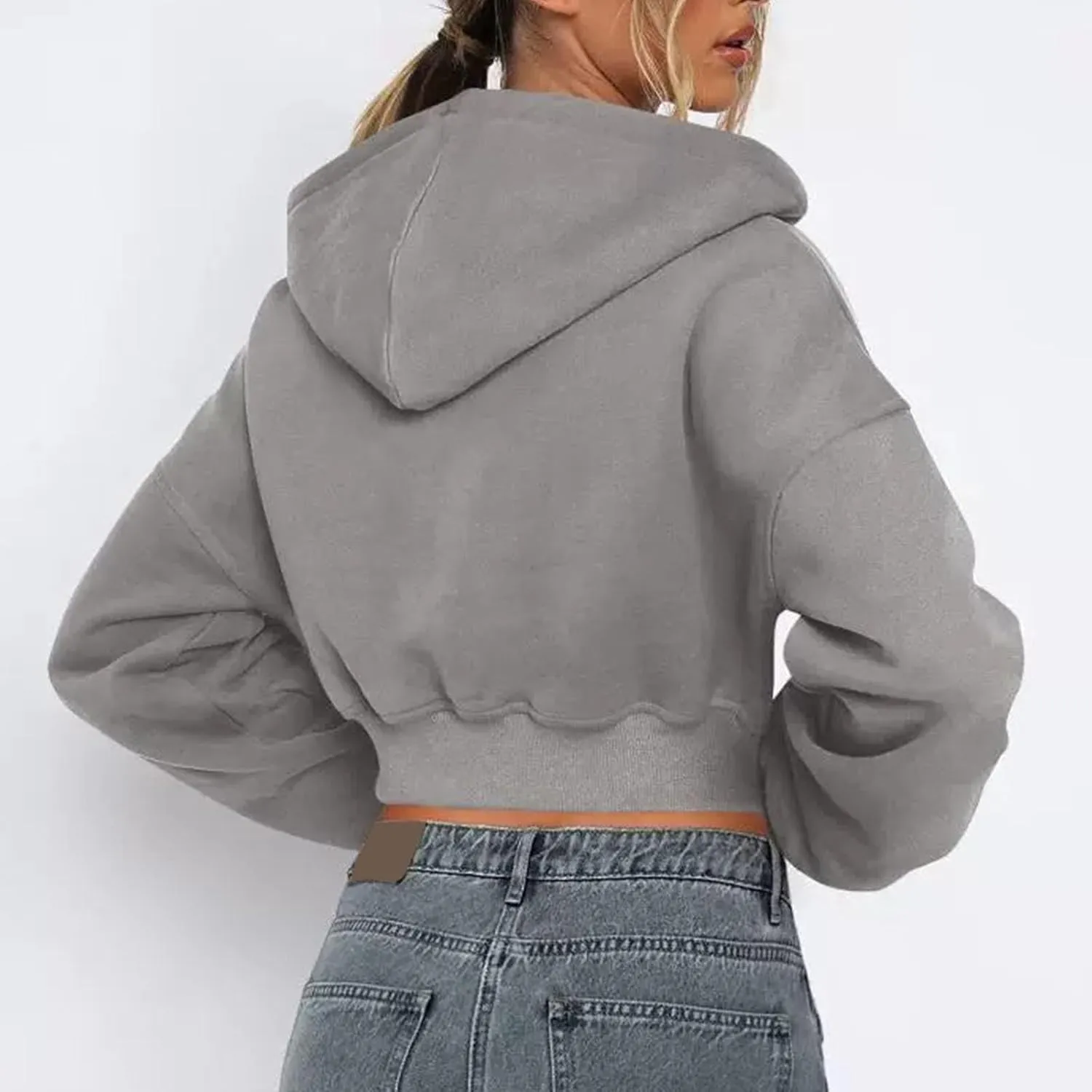 Women's Cropped Zip Up Hoodie Casual Long Sleeve Workout Hooded Sweatshirts Fleece Lined Jacket Coat with Pocket
