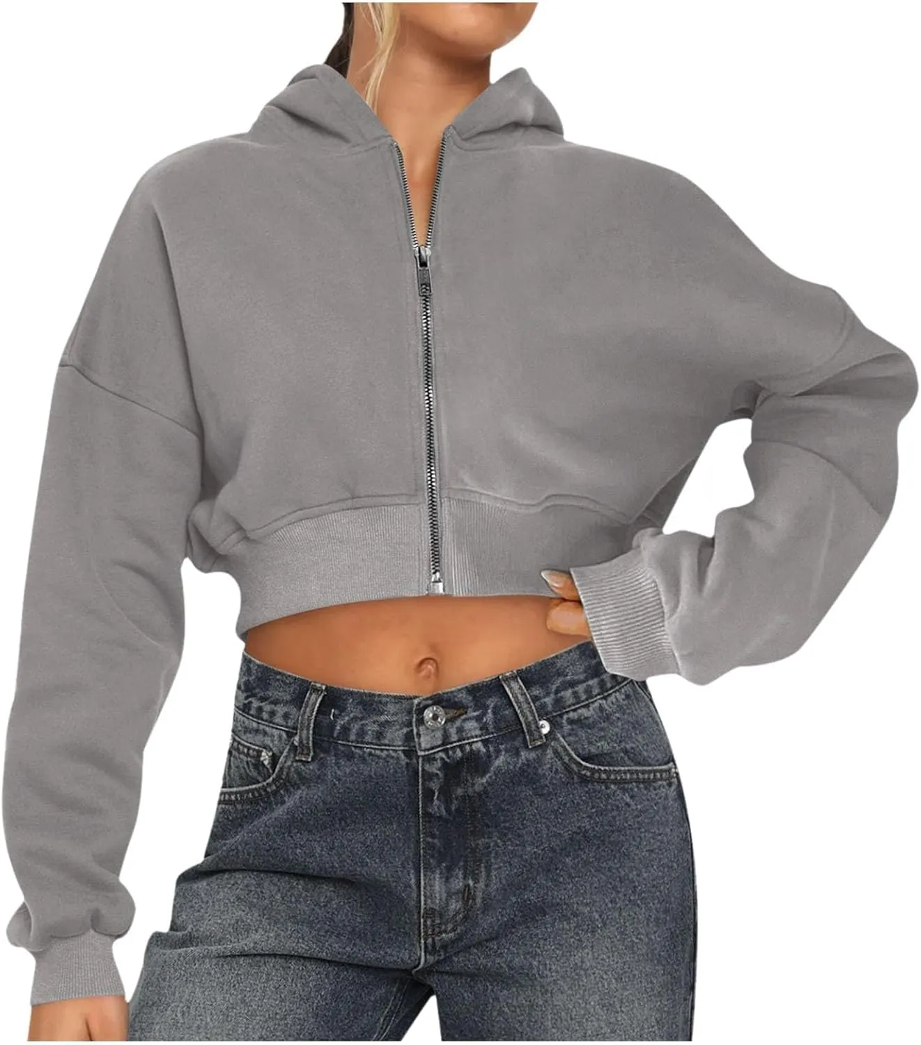 Women's Cropped Zip Up Hoodie Casual Long Sleeve Workout Hooded Sweatshirts Fleece Lined Jacket Coat with Pocket