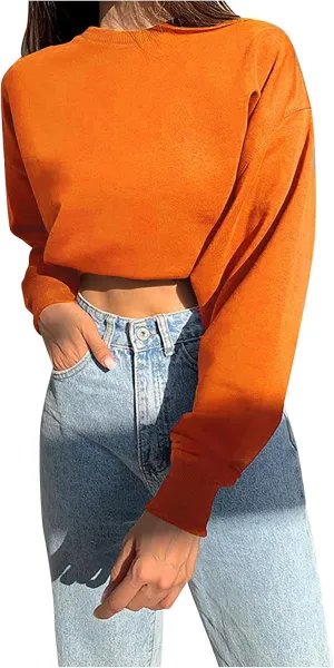 Womens Cute Cropped Hoodies Roundneck Long Sleeve Pullover Sweatshirts for Women Fall Leisure Sweatshirts Sexy Tops