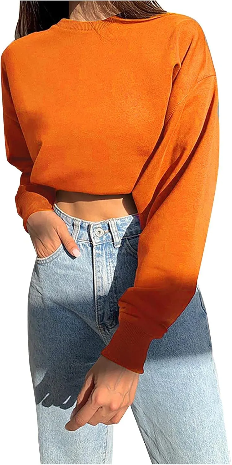 Womens Cute Cropped Hoodies Roundneck Long Sleeve Pullover Sweatshirts for Women Fall Leisure Sweatshirts Sexy Tops