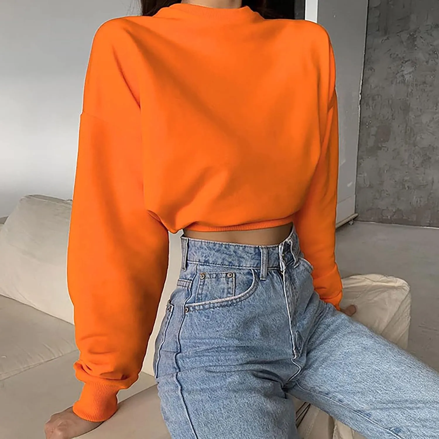 Womens Cute Cropped Hoodies Roundneck Long Sleeve Pullover Sweatshirts for Women Fall Leisure Sweatshirts Sexy Tops